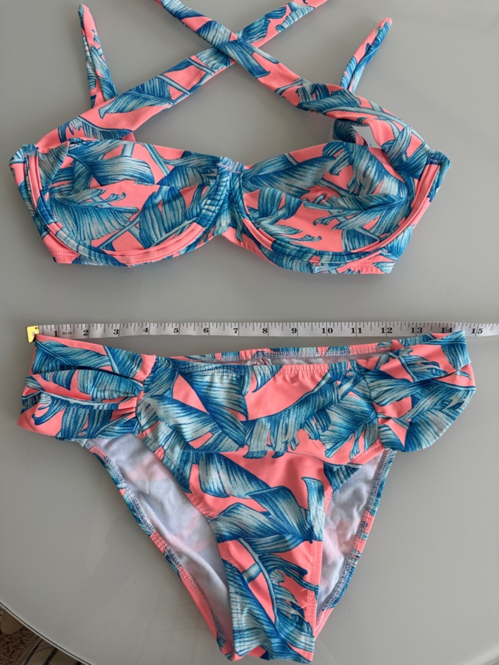 Tropical Leaf Print Bikini Set - Pink & Blue